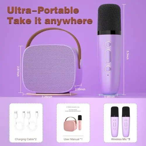 IROO Karaoke Machine for Kids,Most Popular Birthday Gifts for 3, 4, 5, 6, 7, 8, 9, 10,11,12 +Year Old Girls Boys,Mini Karaoke Machine with 2 Wireless Microphones,Portable Bluetooth Home Party (Purple) - 6