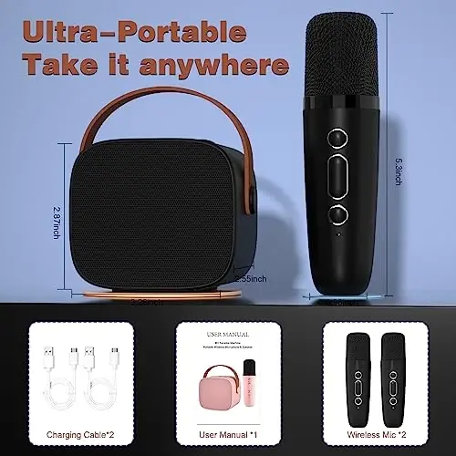 IROO Karaoke Machine bolalar uchun, 3, 4, 5, 6, 7, 8, 9, 10, 11, 12+ yoshli qizlar va o'g'il bolalar uchun eng mashhur tug'ilgan kun sovg'alari, 2 ta simsiz mikrofonli mini karaoke mashinasi, portativ Bluetooth uy partiyasi (qora) - 5
