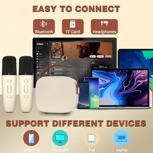 IROO Mini Karaoke Machine bolalar uchun, 2025-yilgi Rojdestvo tug'ilgan kunlari uchun sovg'alar 4, 5, 6, 7, 8, 9, 10, 12+ yoshli qizlar o'g'il bolalar nevaralar, partiya portativ Bluetooth karnay 2 ta simsiz mikrofon bilan (bej) - 3