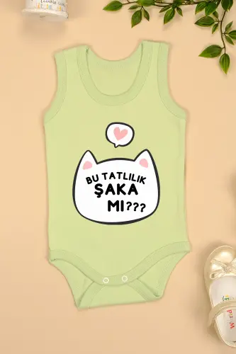 Pamuklu Bu Tatlılık Şaka Mı Baskılı Çıtçıt Body Zıbın - Yeşil 