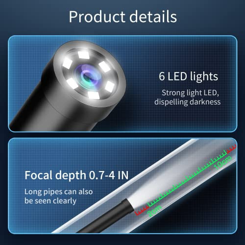 Işıkla Endoskop Kamera, 1080P HD Boreskop 6 LED Işık, 9.8FT Yarı Rijit Yılan Kablosu, IP67 Su Geçirmez Endüstriyel Muayene Kamerası Android, iPhone, iPad ile Uyumlu - (Siyah) - 3