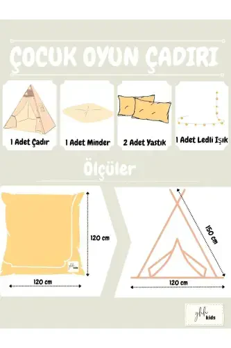 LumiTent Işıklı Çocuk Oyun Çadırı Kızıldereli Çadırı Oyun Evi Minder ve Yastıklı Bej-Bej - 1