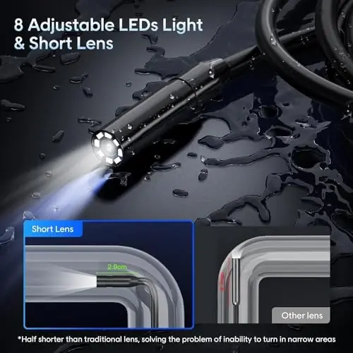 Endoscope with Light and 50ft Semi-Rigid Cable, Handheld Borescope 4.3'' HD 1080P, 8 Adjustable LED Lights, IP67 Waterproof Inspection Camera for Sewer, Gadgets for Men (Single Lens) - 4