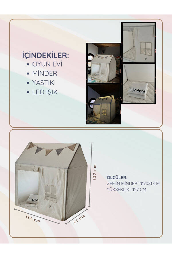 CasaMio Işıklı Oyun Evi Çocuk Oyun Çadırı Minder ve Yastıklı Bej - 5