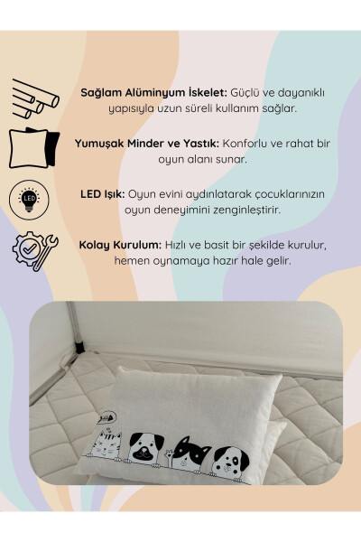 CasaMio Işıklı Oyun Evi Çocuk Oyun Çadırı Minder ve Yastıklı Bej - 6
