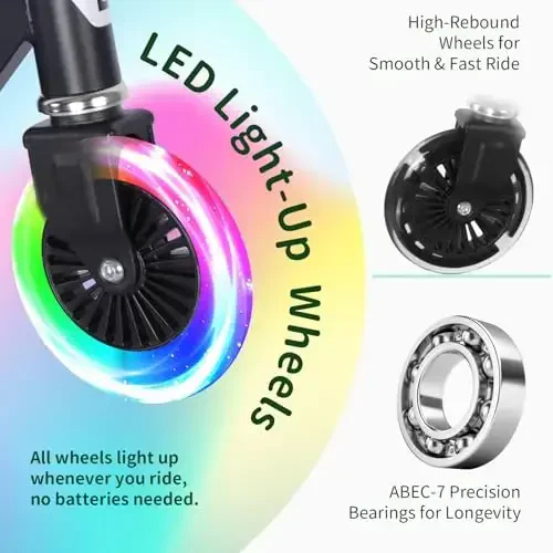 BELEEV V2 Scooters for Kids with Light-Up Wheels & Stem & Deck, 2 Wheel Folding Scooter for Girls Boys, 3 Adjustable Height, Non-Slip Pattern Deck, Lightweight Kick Scooter for Children Ages 3-12 - 2