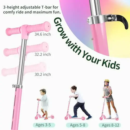 BELEEV V2 Scooters for Kids with Light-Up Wheels & Stem & Deck, 2 Wheel Folding Scooter for Girls Boys, 3 Adjustable Height, Non-Slip Pattern Deck, Lightweight Kick Scooter for Children Ages 3-12 - 1