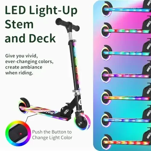 BELEEV V2 Scooters for Kids with Light-Up Wheels & Stem & Deck, 2 Wheel Folding Scooter for Girls Boys, 3 Adjustable Height, Non-Slip Pattern Deck, Lightweight Kick Scooter for Children Ages 3-12 - 3