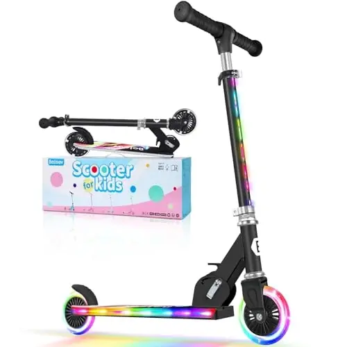 BELEEV V2 Scooters for Kids with Light-Up Wheels & Stem & Deck, 2 Wheel Folding Scooter for Girls Boys, 3 Adjustable Height, Non-Slip Pattern Deck, Lightweight Kick Scooter for Children Ages 3-12 - 1
