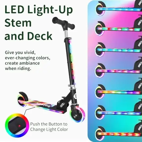 BELEEV V2 Scooters for Kids with Light-Up Wheels & Stem & Deck, 2 Wheel Folding Scooter for Girls Boys, 3 Adjustable Height, Non-Slip Pattern Deck, Lightweight Kick Scooter for Children Ages 3-12 - 3