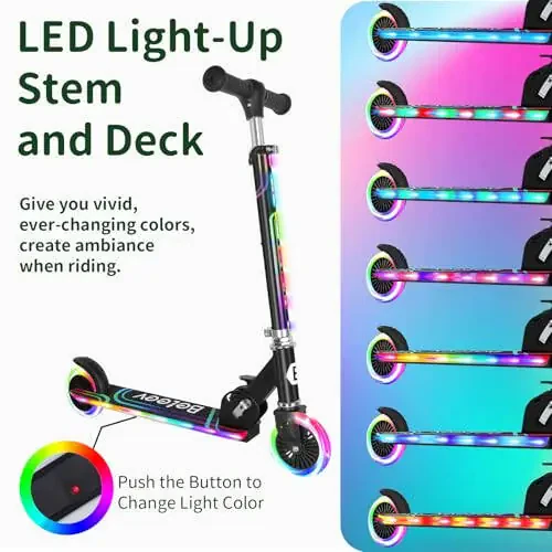 BELEEV V2 Scooters for Kids with Light-Up Wheels & Stem & Deck, 2 Wheel Folding Scooter for Girls Boys, 3 Adjustable Height, Non-Slip Pattern Deck, Lightweight Kick Scooter for Children Ages 3-12 - 2
