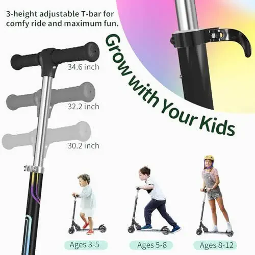 BELEEV V2 Scooters for Kids with Light-Up Wheels & Stem & Deck, 2 Wheel Folding Scooter for Girls Boys, 3 Adjustable Height, Non-Slip Pattern Deck, Lightweight Kick Scooter for Children Ages 3-12 - 3