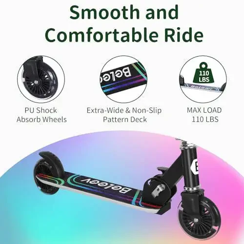 BELEEV V2 Scooters for Kids with Light-Up Wheels & Stem & Deck, 2 Wheel Folding Scooter for Girls Boys, 3 Adjustable Height, Non-Slip Pattern Deck, Lightweight Kick Scooter for Children Ages 3-12 - 4