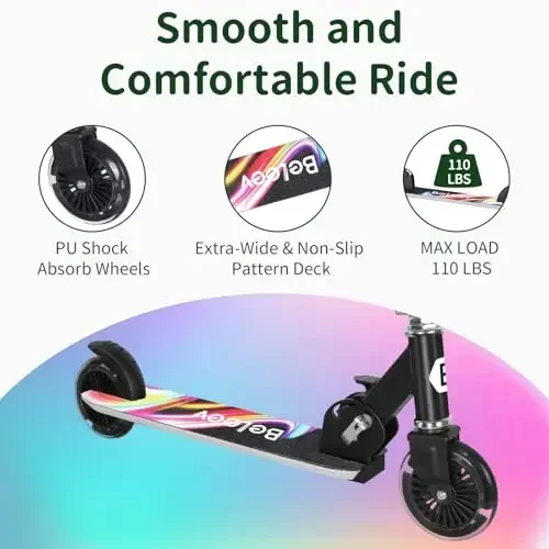 BELEEV V2 Scooters for Kids with Light-Up Wheels & Stem & Deck, 2 Wheel Folding Scooter for Girls Boys, 3 Adjustable Height, Non-Slip Pattern Deck, Lightweight Kick Scooter for Children Ages 3-12 - 5