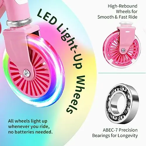 BELEEV V2 Scooters for Kids with Light-Up Wheels & Stem & Deck, 2 Wheel Folding Scooter for Girls Boys, 3 Adjustable Height, Non-Slip Pattern Deck, Lightweight Kick Scooter for Children Ages 3-12 - 2