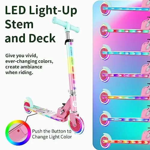 BELEEV V2 Scooters for Kids with Light-Up Wheels & Stem & Deck, 2 Wheel Folding Scooter for Girls Boys, 3 Adjustable Height, Non-Slip Pattern Deck, Lightweight Kick Scooter for Children Ages 3-12 - 3