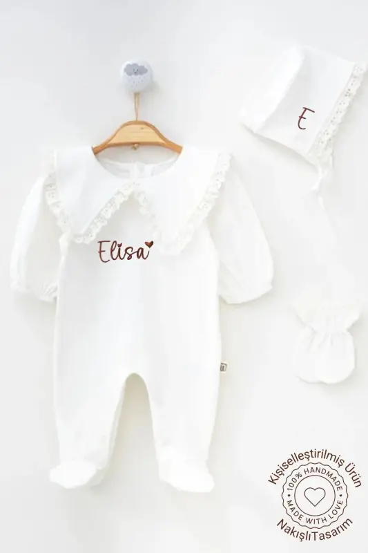 İsim Nakışlı Kız Bebek Yenidoğan Tulum Mevlüt Takımı Hastane Çıkışı Bebek Hediyelik-Beyazisimli - 2