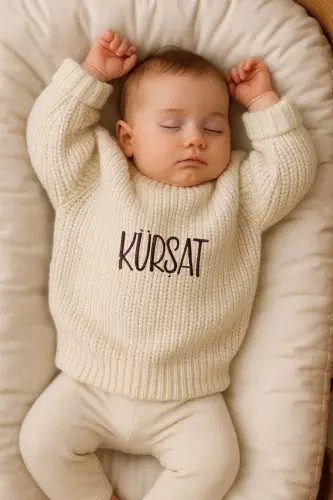 İsim Nakışlı Unisex Bebek-çocuk Bisiklet Yaka Triko Kazak Bebek Hediyelik İsimli Kazak-nakışlıekru 