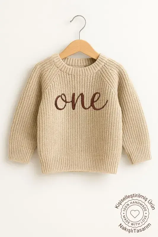 İsim Nakışlı Triko Kazak Bisiklet Yaka Bebek Selanik Örgü İsimli Bebek Çocuk Kazak Hediyelik-nakışlıtaş - 3