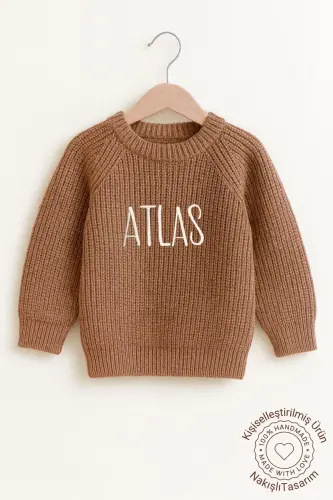 İsim Nakışlı Unisex Triko Kız Erkek Bebek Kazak Bebek Hediyelik İsimli Çocuk Kazak Yenidoğan Tulum-nakışlıkahve2 - 4