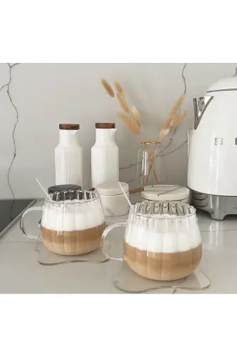 1 Adet Isıya Dayanıklı Borosilikat Termisil Kupa Çizgi Tasarımlı Cam Bardak Kahve Sunum Bardağı - 3