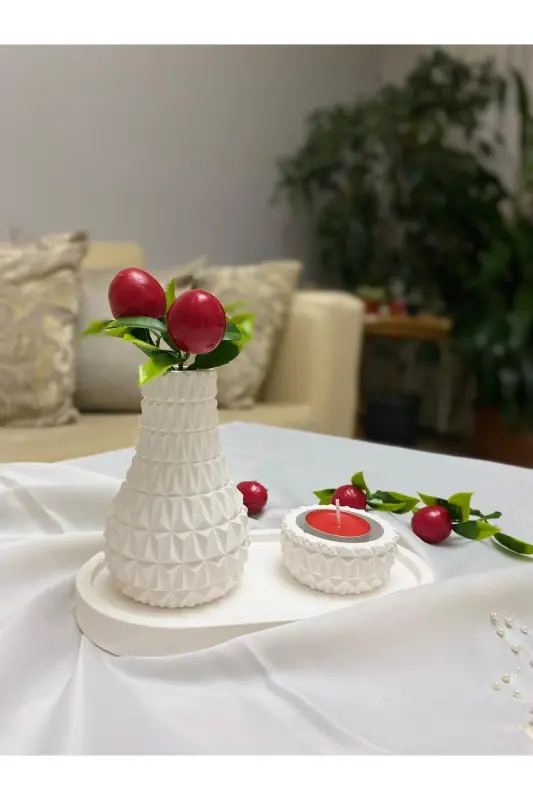 İskandinav Tarzı Daimond Desenli Minimal Mum Vazo Tepsi Mumluk Sunum Ve Aksesuar Seti - 3