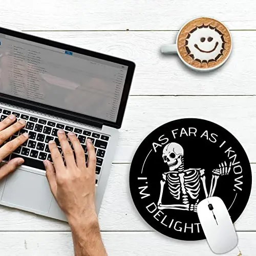 Skeleton Skull Round Mouse Pad, Cute Funny Mousepad for Laptop Gaming Women, with Stitched Edge Non-Slip Rubber Base, Skeleton Home Office Decor Desk Accessories, As Far As I Know I'm Delightful - GCTRIKI (1)