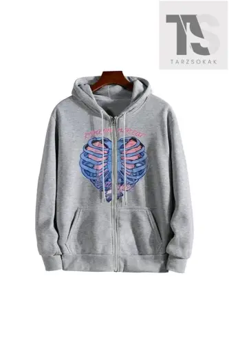 İskelet Kalp Sweatshirt Fermuarlı Hırka-gri kalpm - 2