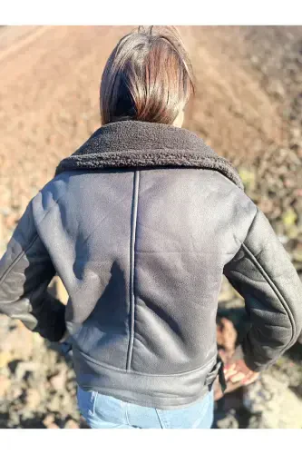 Искусственная дубленая укороченная байкерская куртка с искусственным мехом внутри - ТЕМНО-ЧЕРНЫЙ - ARV MODA FASHİON THAT İNSPİRES (1)