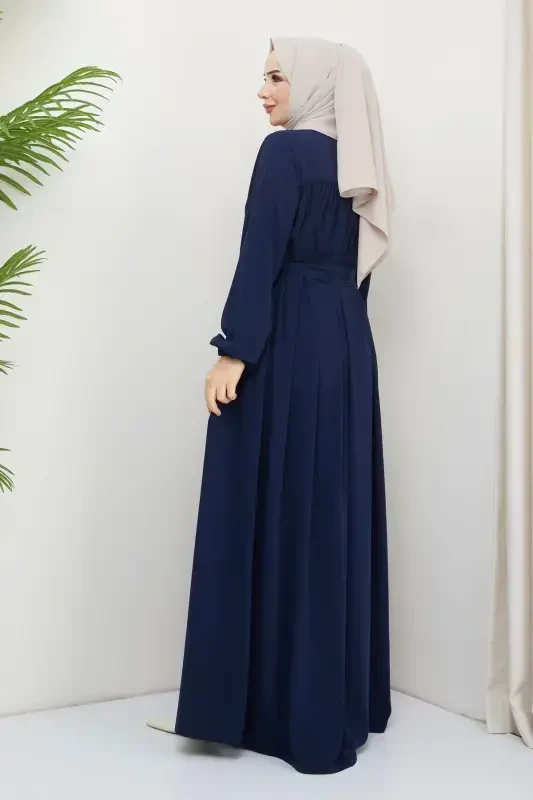 islami tesettür ferace robalı büzgülü medine ipeği tam tesettür-LACİVERT - 5