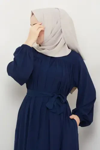 islami tesettür ferace robalı büzgülü medine ipeği tam tesettür-LACİVERT - 7