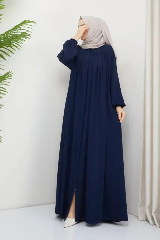 islamic hijab ferace robe gathered medina silk full hijab-NAVY - 2