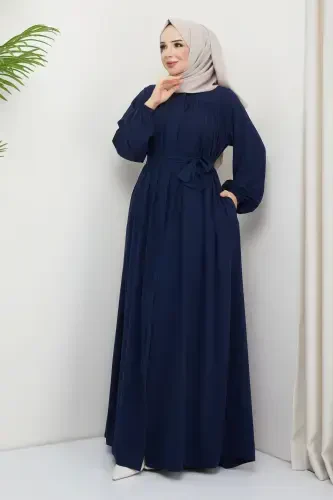 islamic hijab ferace robe gathered medina silk full hijab-NAVY - 4