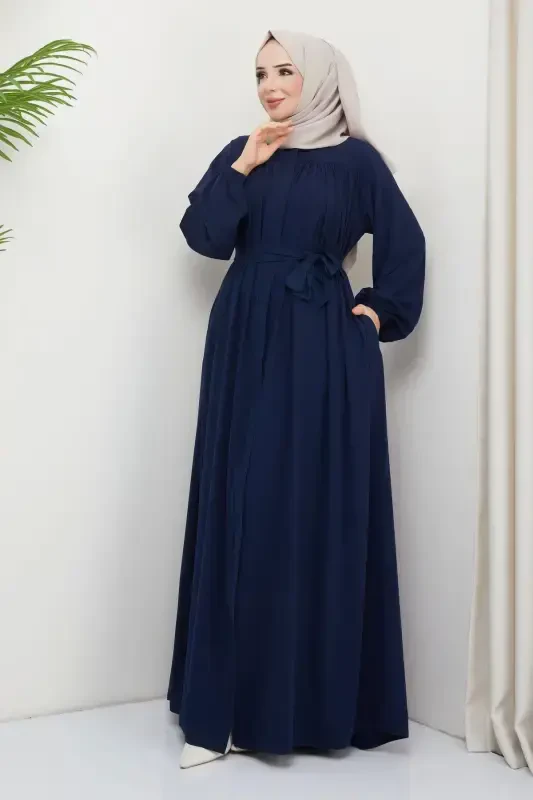 islamic hijab ferace robe gathered medina silk full hijab-NAVY - 4