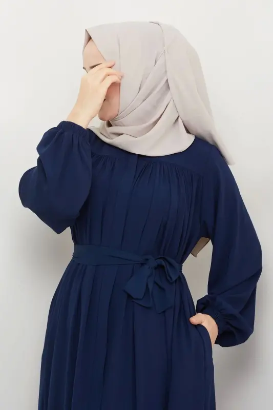 islamic hijab ferace robe gathered medina silk full hijab-NAVY - 8
