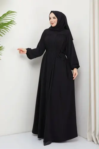 Islamic modest abaya dress with gathers in Medina silk - BLACK 