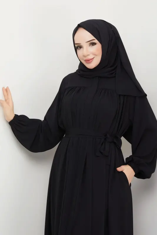 Islamic modest abaya dress with gathers in Medina silk - BLACK - 5
