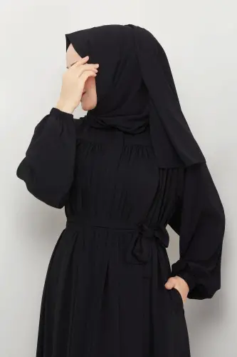 Islamic modest abaya dress with gathers in Medina silk - BLACK - 6