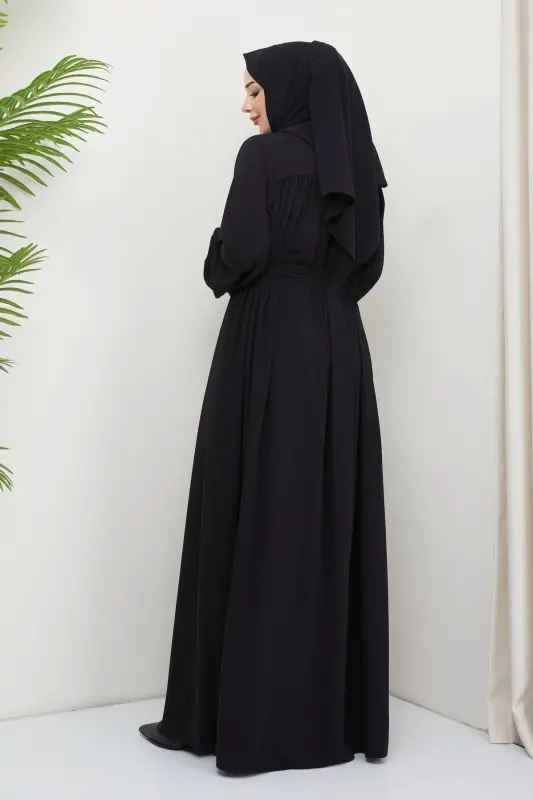 Islamic modest abaya dress with gathers in Medina silk - BLACK - 8