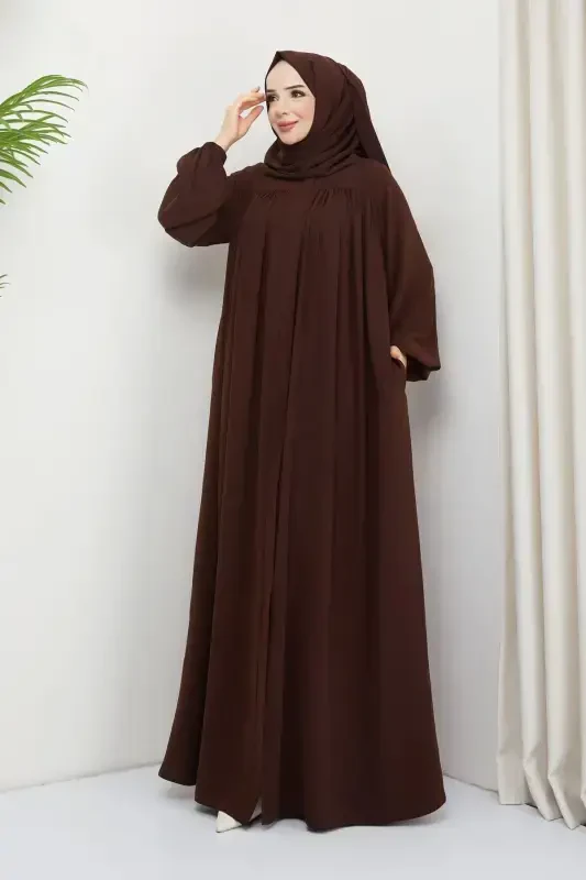 islamic modest abaya robe gathered medina silk full coverage-BROWN - 2