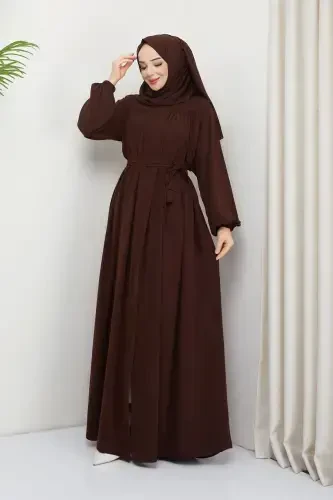 islamic modest abaya robe gathered medina silk full coverage-BROWN - 3