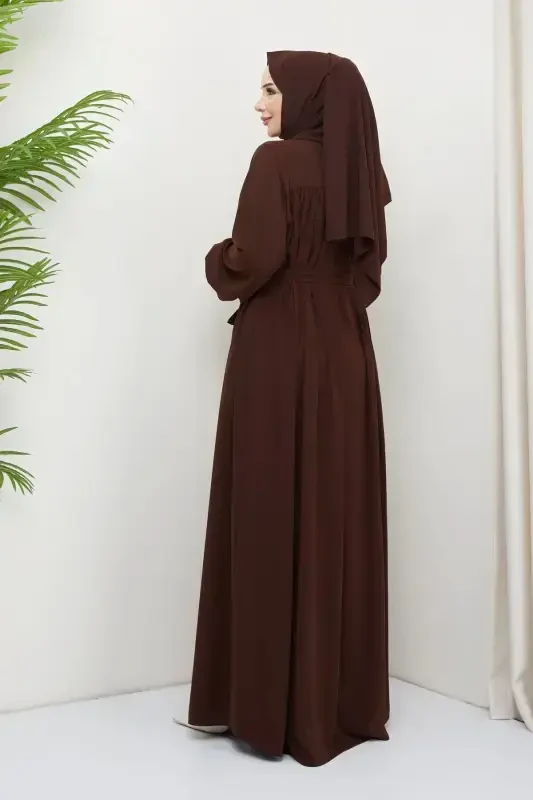 islamic modest abaya robe gathered medina silk full coverage-BROWN - 5