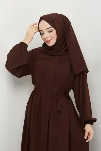 islamic modest abaya robe gathered medina silk full coverage-BROWN - 7