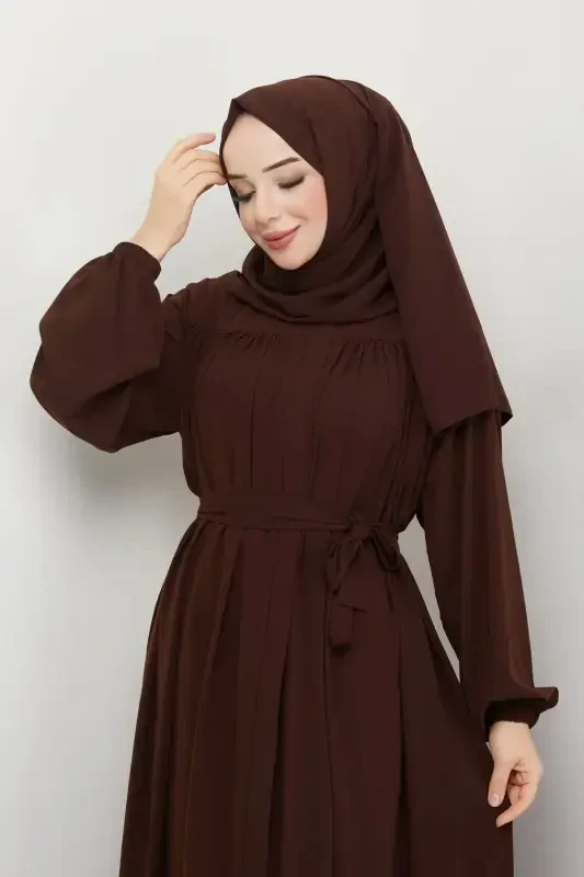 islamic modest abaya robe gathered medina silk full coverage-BROWN - 7