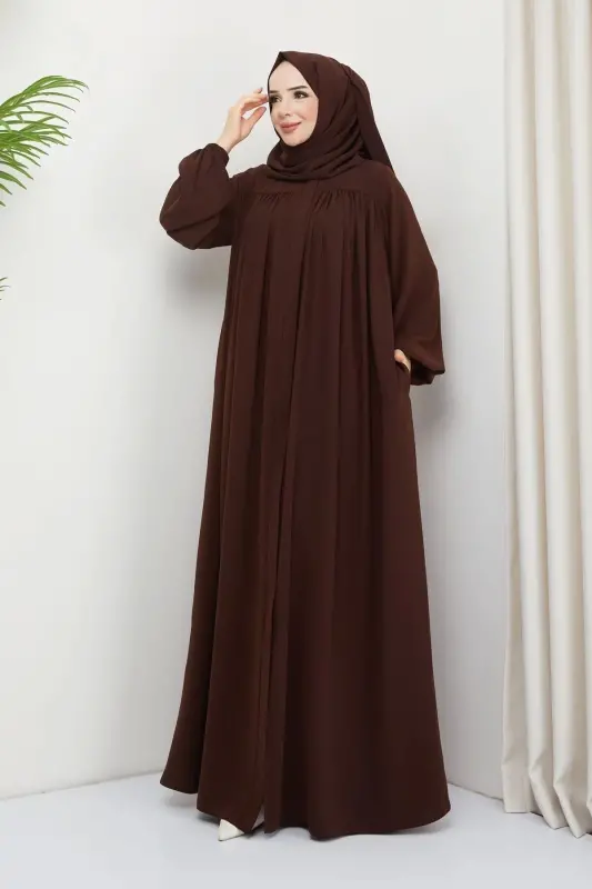 islamic modest abaya robe gathered medina silk full coverage-BROWN - 3