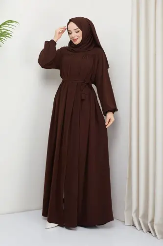 islamic modest abaya robe gathered medina silk full coverage-BROWN - 4