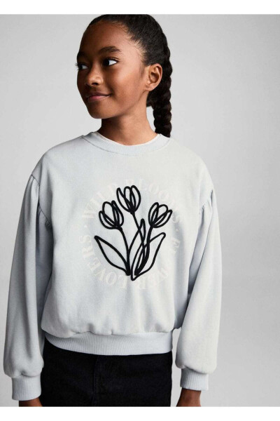 İşleme detaylı pamuklu sweatshirt - Gök Mavisi - 1