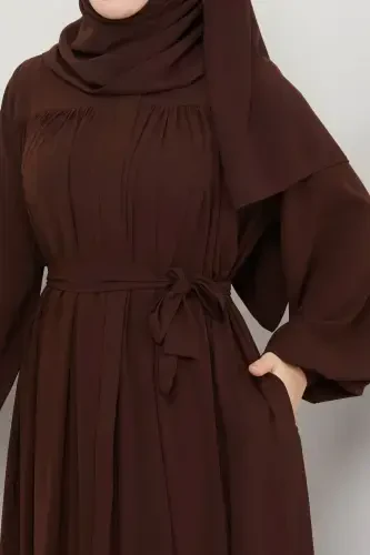 islomiy tesettür faraja robali büzgülü madina ipakli to'liq tesettür-JIGARRANG - 1