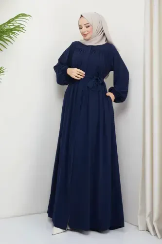 Islomiy tesettür faraja robali büzgülü madina ipakli to'liq tesettür-LACIVERT - 3