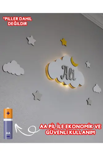 İsme Özel Ahşap Isimli Bulut Gece Lambası Ledli Aydınlatma Bebek Çocuk Odası Dekorasyon - Bebe Mavi - 8